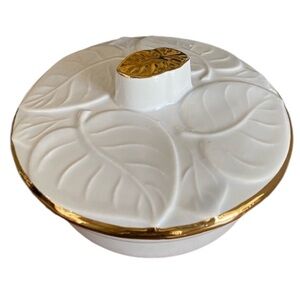 Vintage USA Rare Unique Pottery Covered Dish Leaf Design Gold Trim